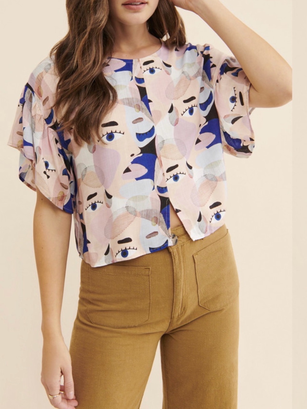 Eve Gravel Abstract Face Print Crop Top - Pink, Blue & Cream